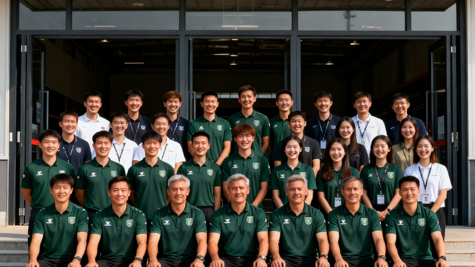 V体育全体教练与运营团队成员在旗舰场馆前的合影，约30人整齐排列，前排为教练组穿着统一深绿色训练服，后排为运营团队，大家面带笑容，身后是带有V体育标志的场馆入口大门