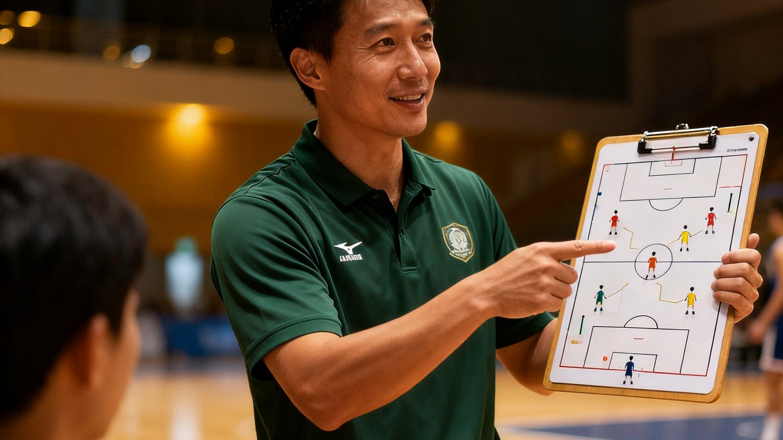 主教练陈志远在场边指导学员的画面，他约38岁穿着深绿色教练服，左手持战术板右手指向场地内讲解跑位路线，神情专注而温和，身后场馆灯光柔和